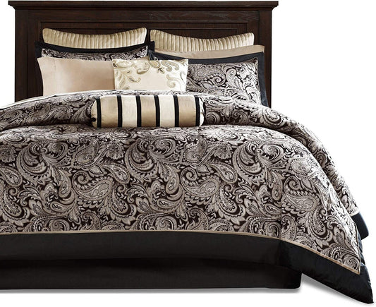 Queen 12 Piece Cotton Polyester Comforter Set Black Gold Paisley-0