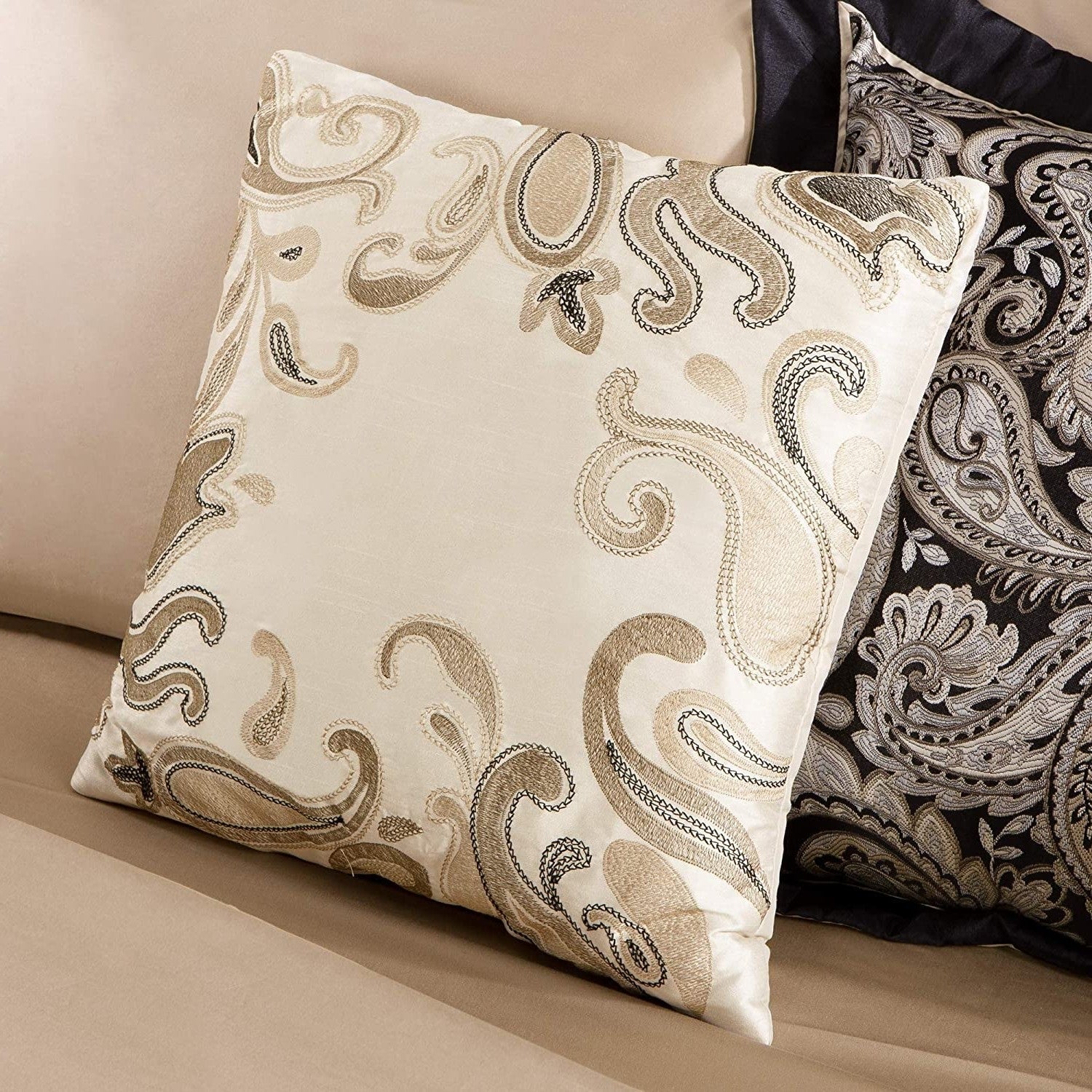 Queen 12 Piece Cotton Polyester Comforter Set Black Gold Paisley-4