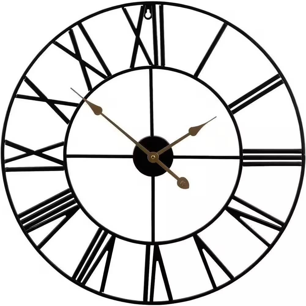 Round 24-inch Black Metal Roman Numeral Wall Clock with Gold Hands FastFurnishings