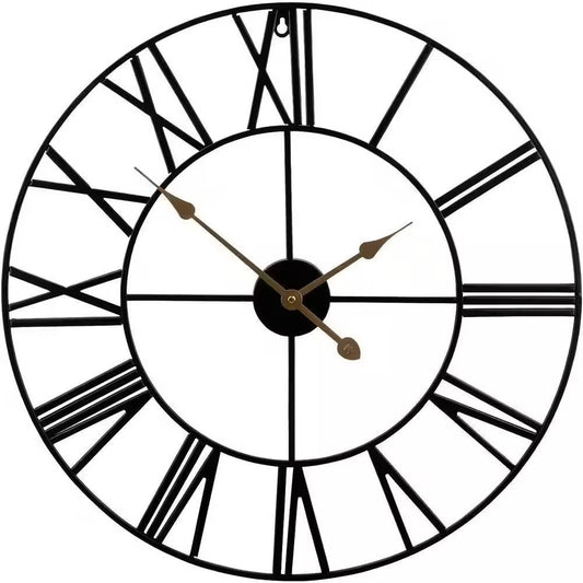 Round 24-inch Black Metal Roman Numeral Wall Clock with Gold Hands FastFurnishings