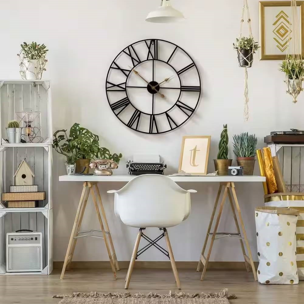 Round 24-inch Black Metal Roman Numeral Wall Clock with Gold Hands FastFurnishings