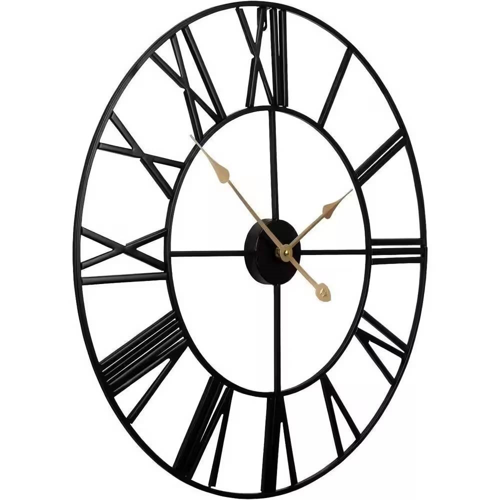 Round 24-inch Black Metal Roman Numeral Wall Clock with Gold Hands FastFurnishings