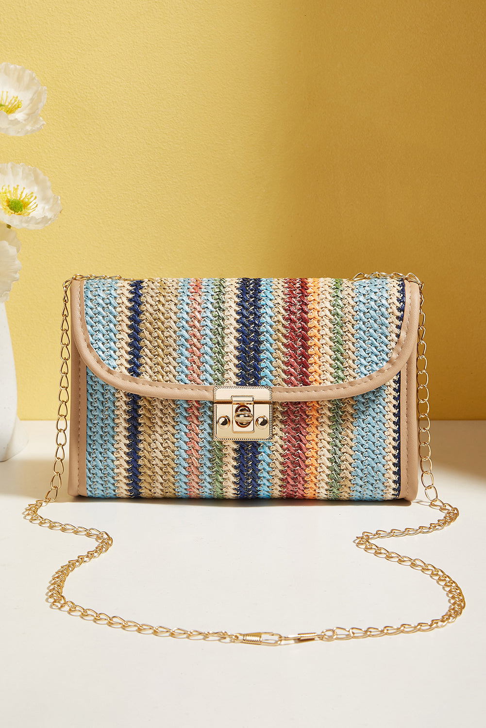 Azariah Striped Crochet Flapped Bag Threaded Pear