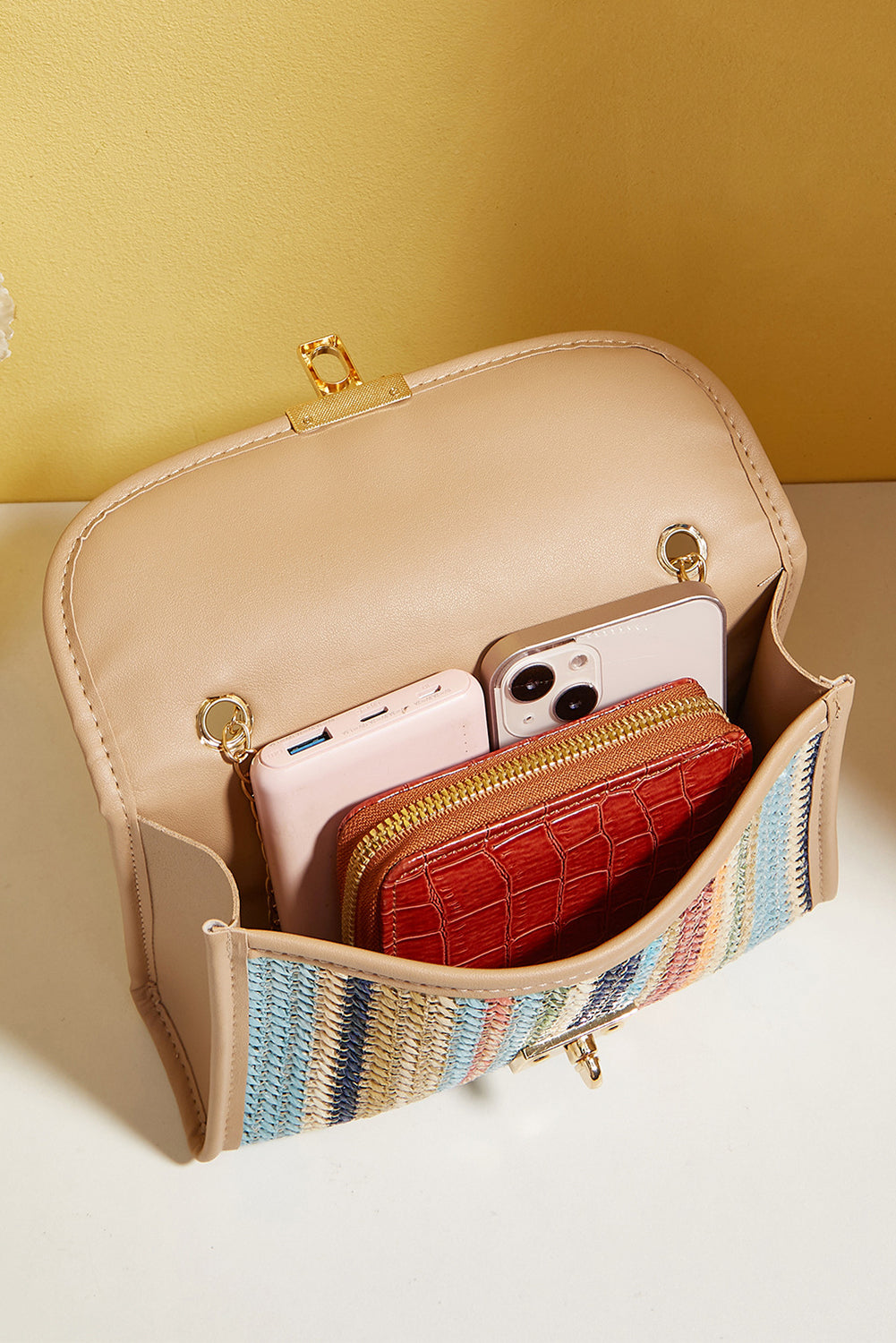 Azariah Striped Crochet Flapped Bag Threaded Pear