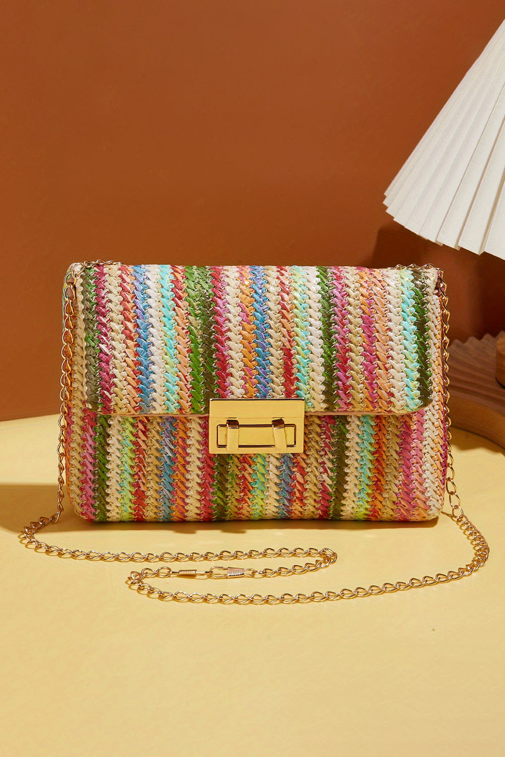 Azariah Striped Crochet Flapped Bag Threaded Pear