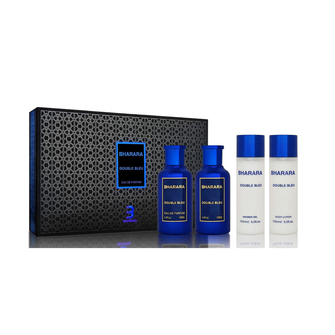 Bharara double bleu 4 pcs set for men: 3.4 eau de parfum + 5 oz body lotion + 3.4 after shave + 5 oz shower gel W2B