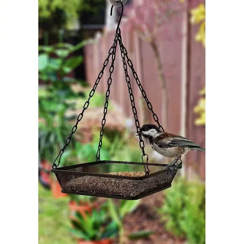 Heavy Duty Black Iron Mesh Bird Feeder Seed Tray with Easy to Hang Chain FastFurnishings