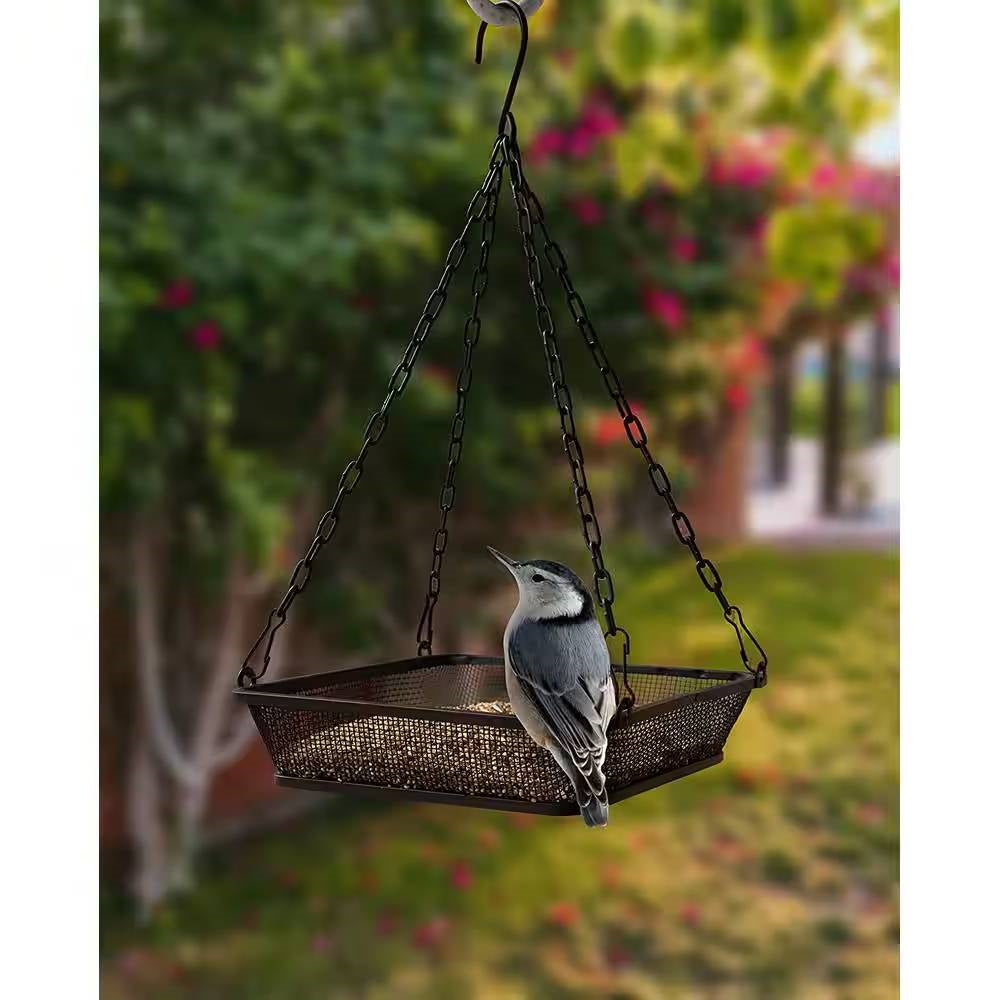 Heavy Duty Black Iron Mesh Bird Feeder Seed Tray with Easy to Hang Chain FastFurnishings