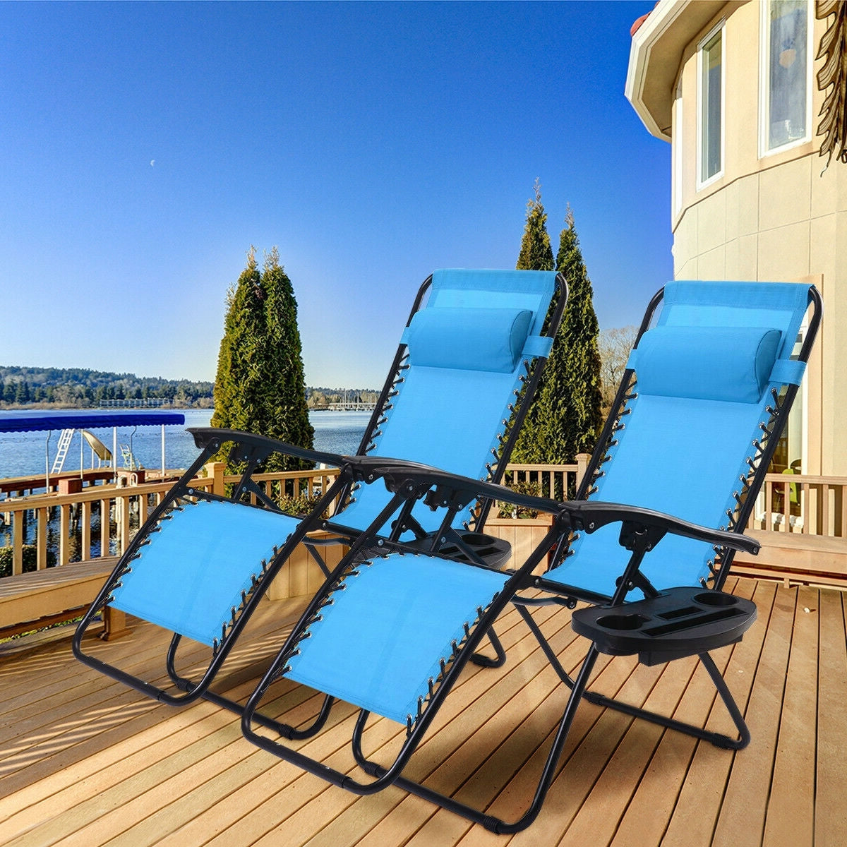 Set of 2 Blue Folding Outdoor Zero Gravity Lounge Chair Recliner FastFurnishings