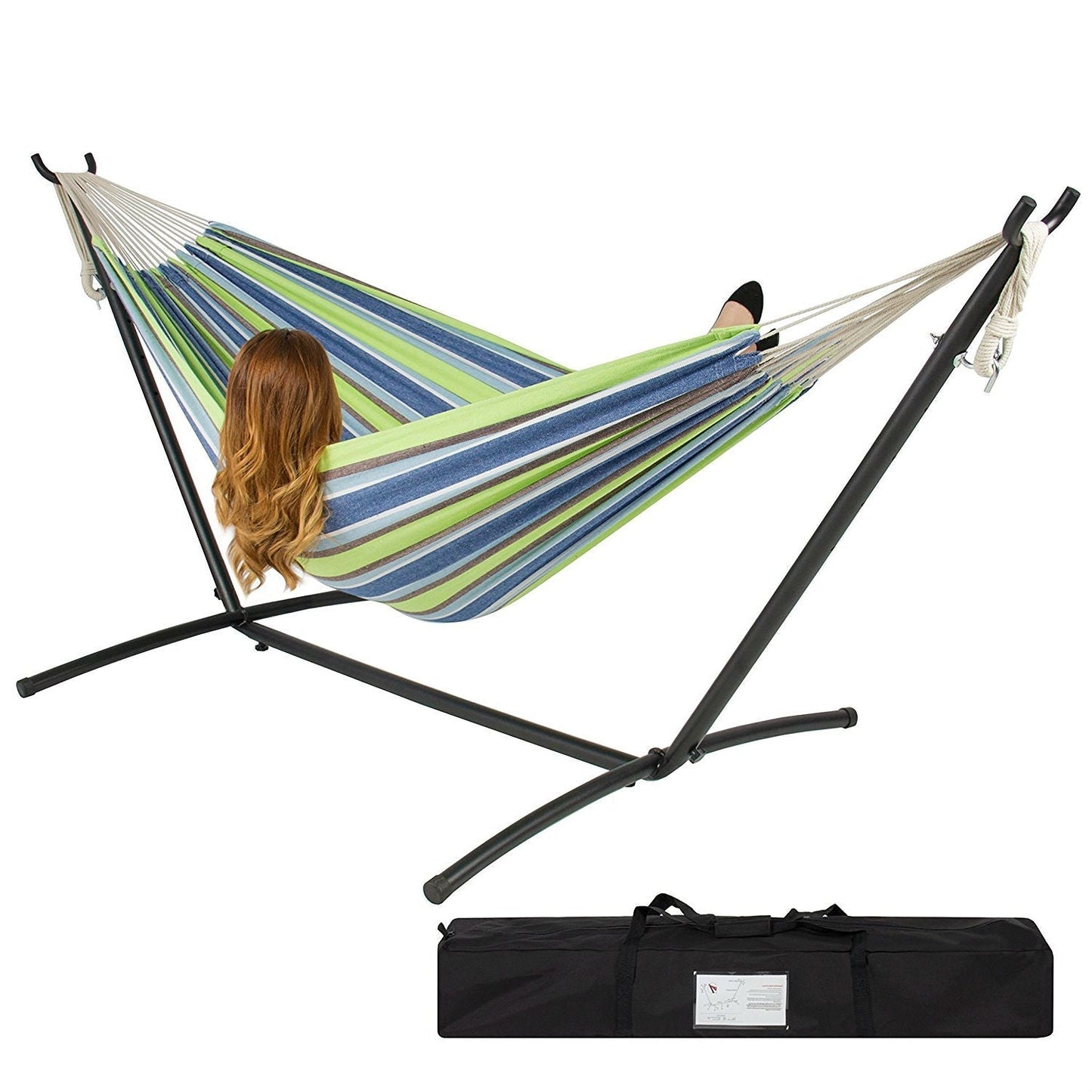 Portable Blue Green Stripe Cotton Hammock with Metal Stand and Carry Case FastFurnishings