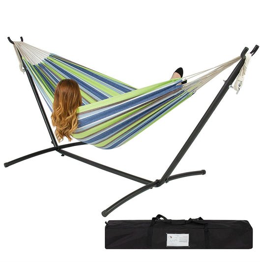 Portable Blue Green Stripe Cotton Hammock with Metal Stand and Carry Case FastFurnishings