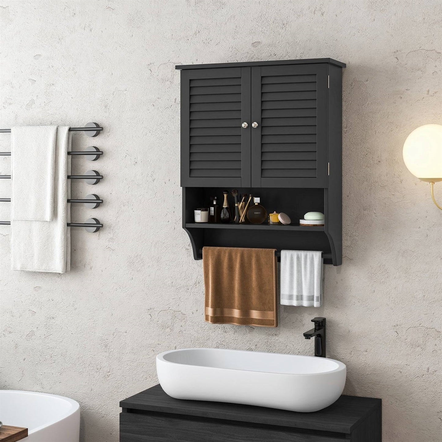 Black Wall-Mounted Bathroom Medicine Cabinet with Louver Doors and Towel Bar FastFurnishings