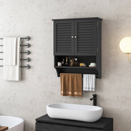 Black Wall-Mounted Bathroom Medicine Cabinet with Louver Doors and Towel Bar FastFurnishings