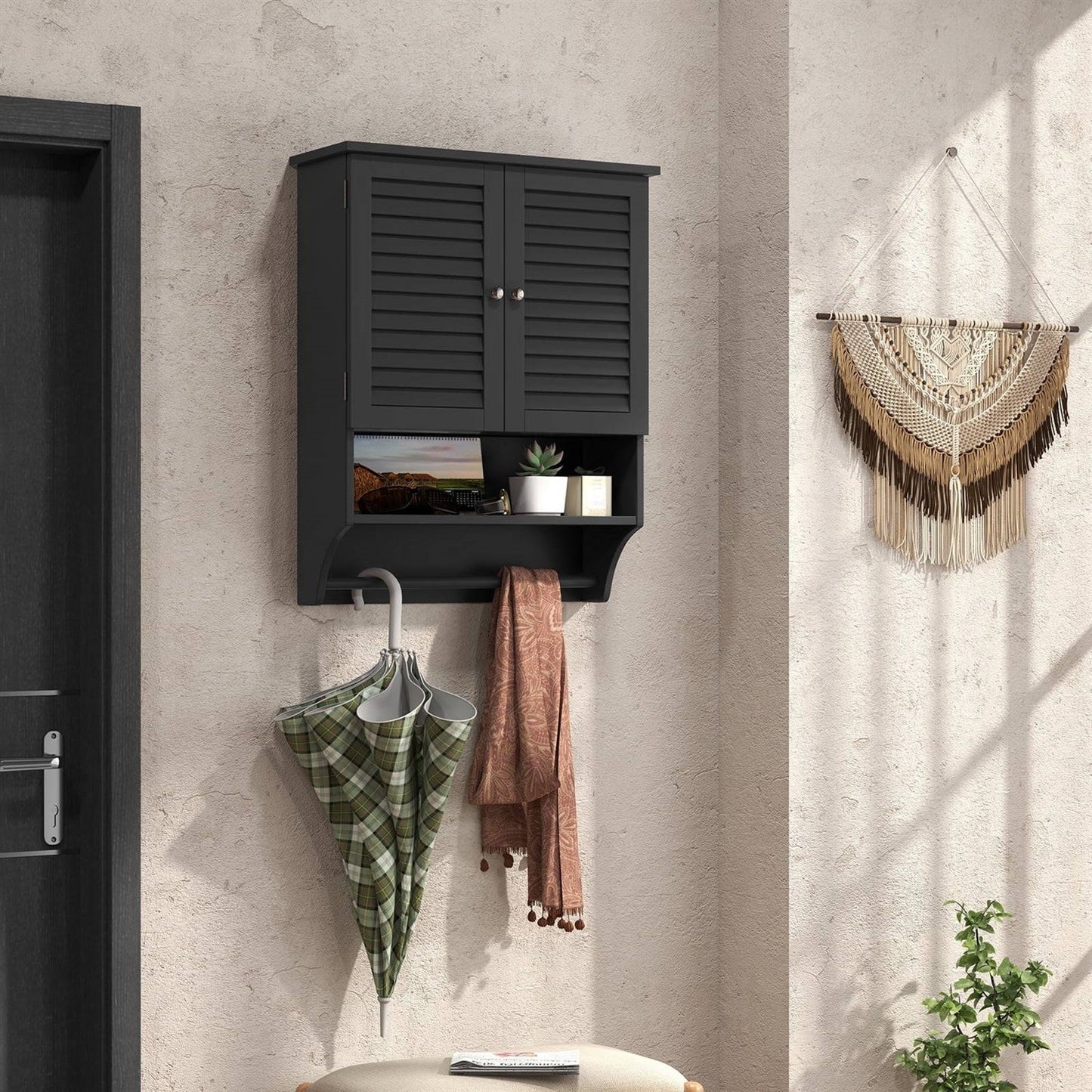 Black Wall-Mounted Bathroom Medicine Cabinet with Louver Doors and Towel Bar FastFurnishings