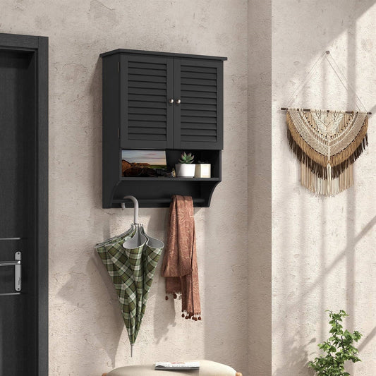 Black Wall-Mounted Bathroom Medicine Cabinet with Louver Doors and Towel Bar FastFurnishings
