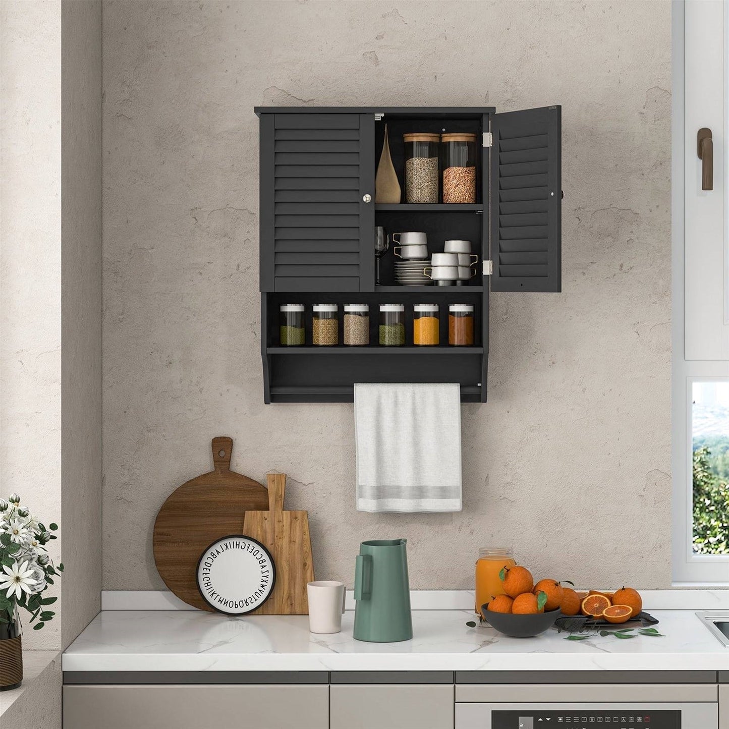 Black Wall-Mounted Bathroom Medicine Cabinet with Louver Doors and Towel Bar FastFurnishings