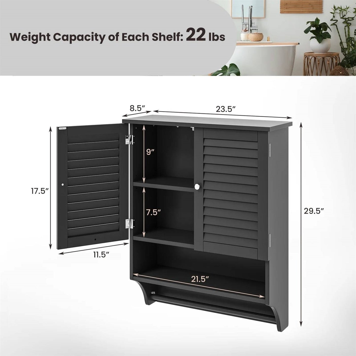 Black Wall-Mounted Bathroom Medicine Cabinet with Louver Doors and Towel Bar FastFurnishings