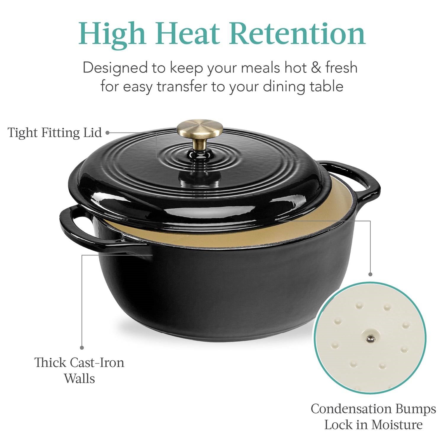 6 Quart Large Black Enamel Cast-Iron Dutch Oven Kitchen Cookware FastFurnishings