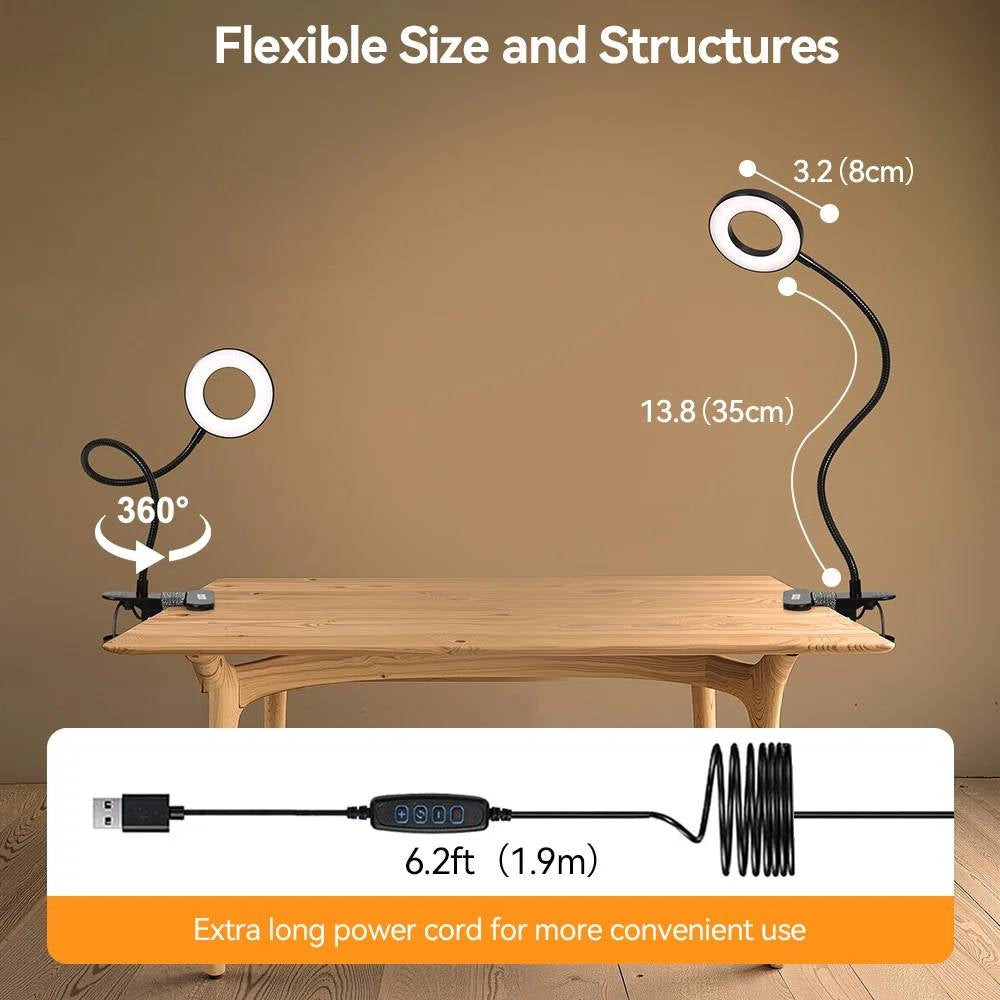 Clip-On Gooseneck Desk Lamp with LED Ring Light in Black-2