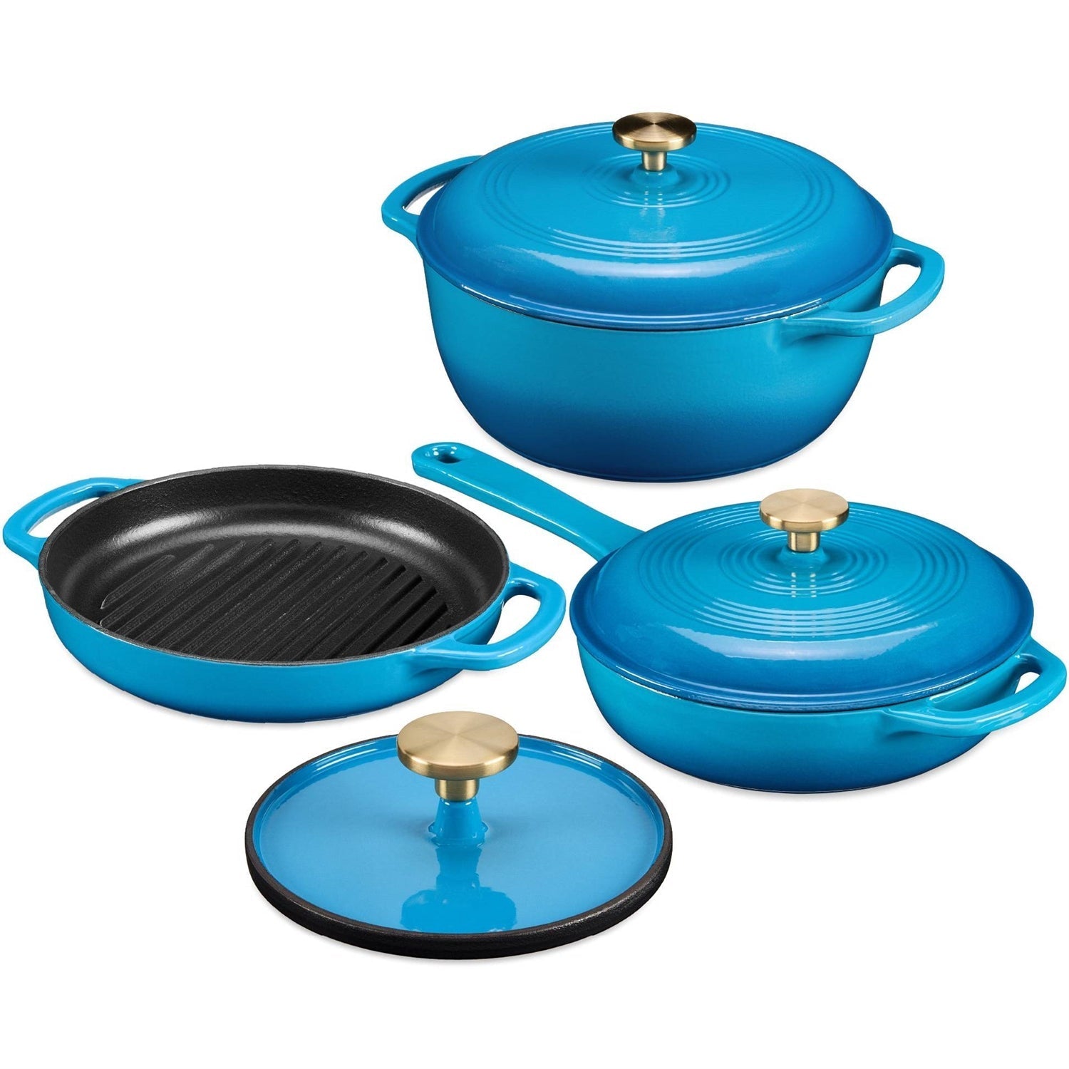 Blue 6-Piece Non-Stick Cast Iron Cookware Set - Skillet Grill Pan Dutch Oven FastFurnishings