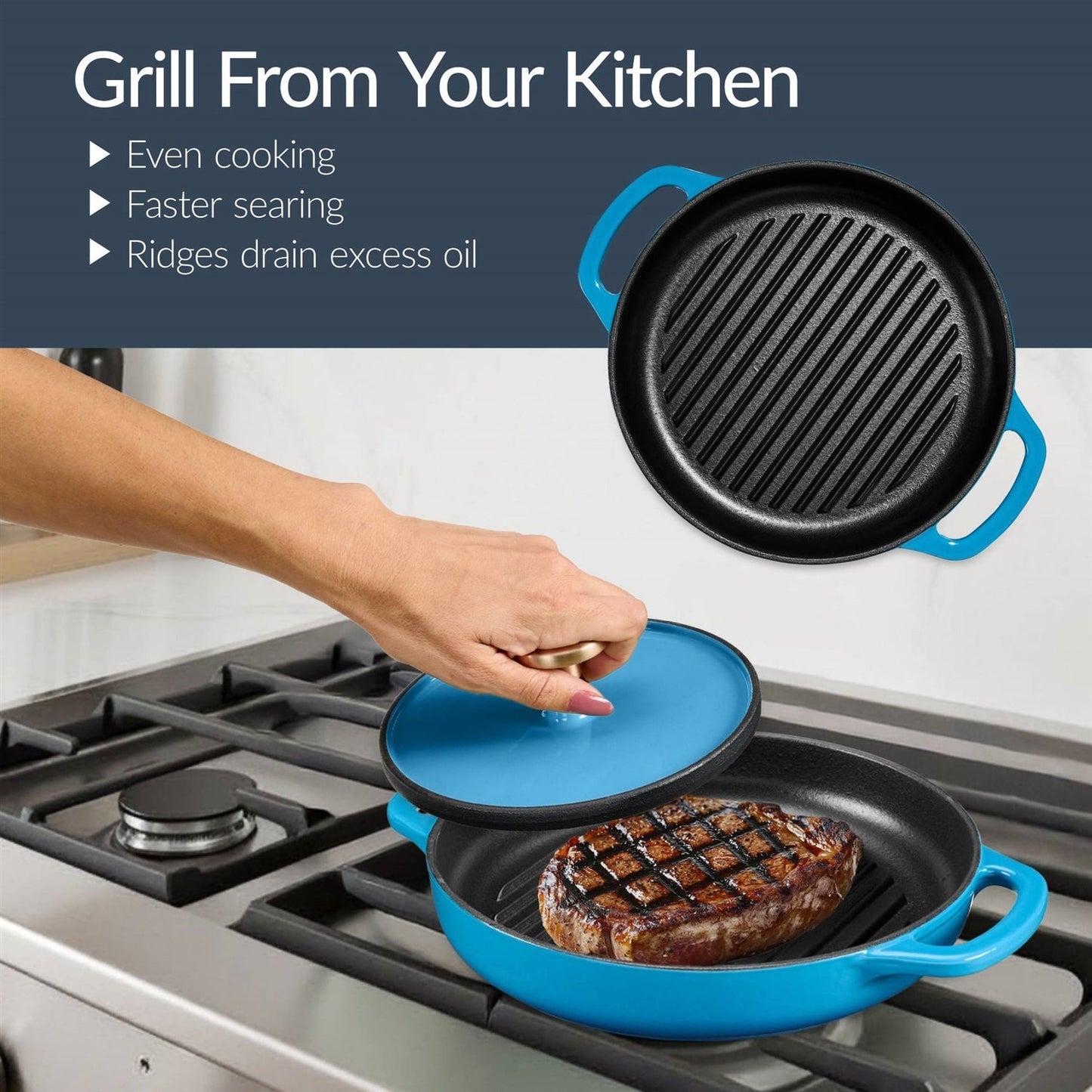 Blue 6-Piece Non-Stick Cast Iron Cookware Set - Skillet Grill Pan Dutch Oven FastFurnishings