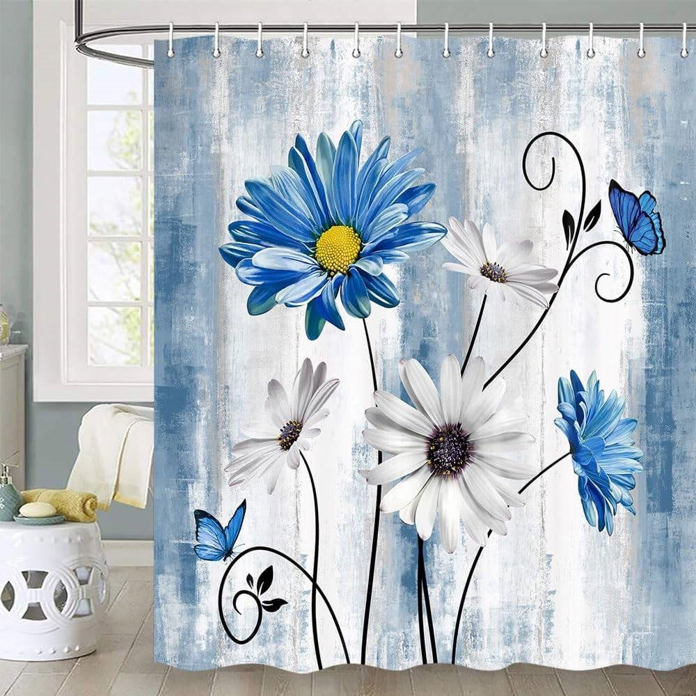 72"W x 78"H Blue Vibrant Floral Butterfly Polyester Shower Curtain FastFurnishings