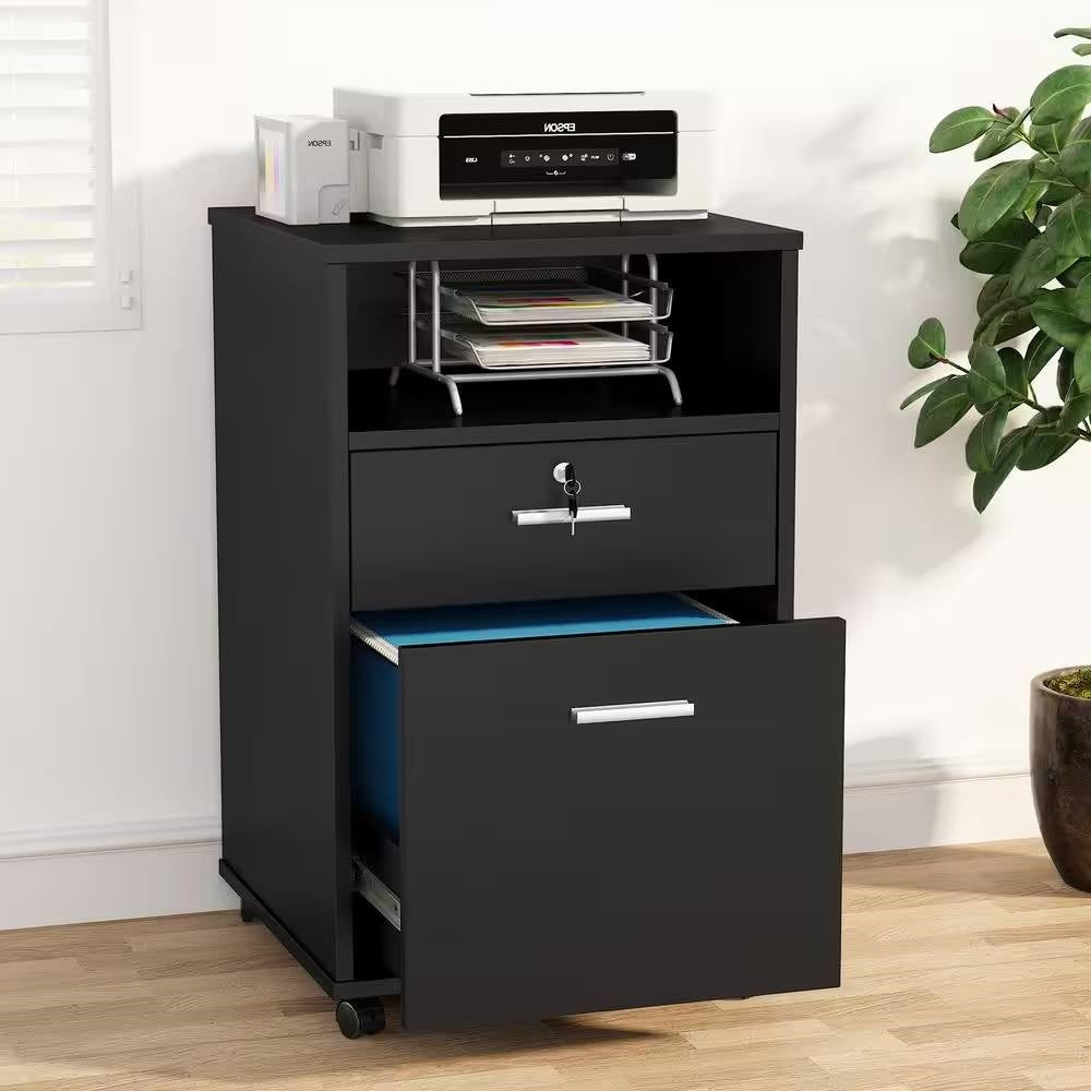 Black Rolling 2-Drawer Mobile File Cabinet Printer Stand Office Cart on Wheels FastFurnishings