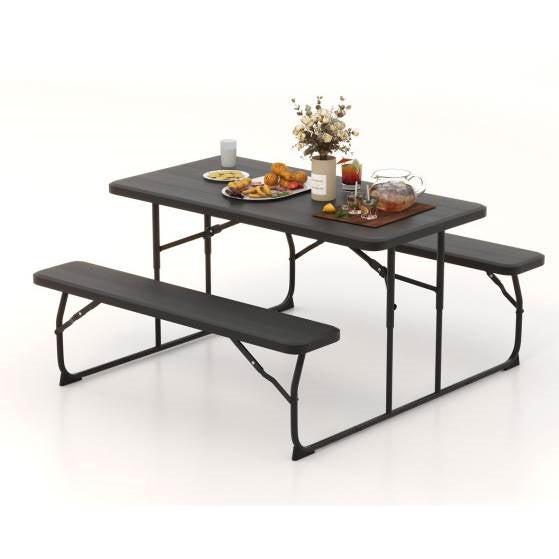 Folding Picnic Table with 2 Benches Outdoor Patio Dining Set in Black FastFurnishings
