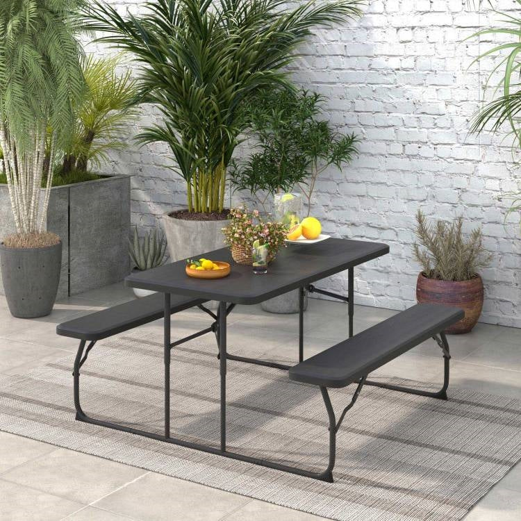Folding Picnic Table with 2 Benches Outdoor Patio Dining Set in Black FastFurnishings