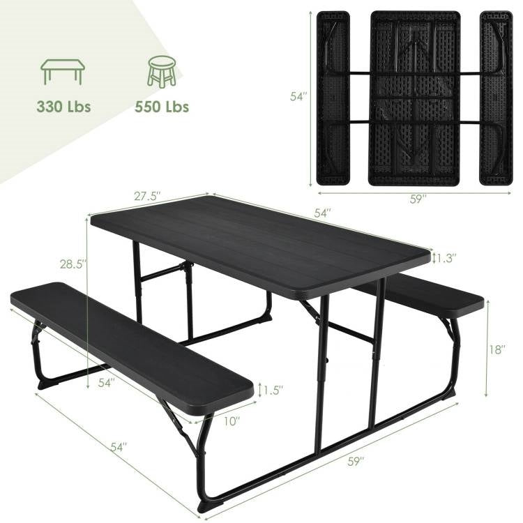 Folding Picnic Table with 2 Benches Outdoor Patio Dining Set in Black FastFurnishings