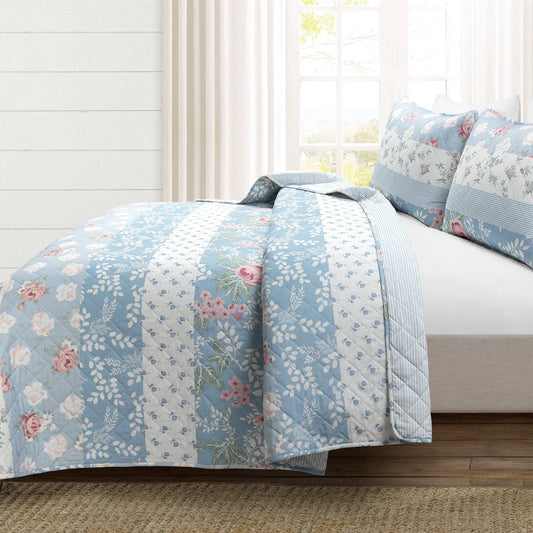 Full/Queen Blue Pink White Beige Floral Cottage Lightweight 3-Piece Quilt Set FastFurnishings