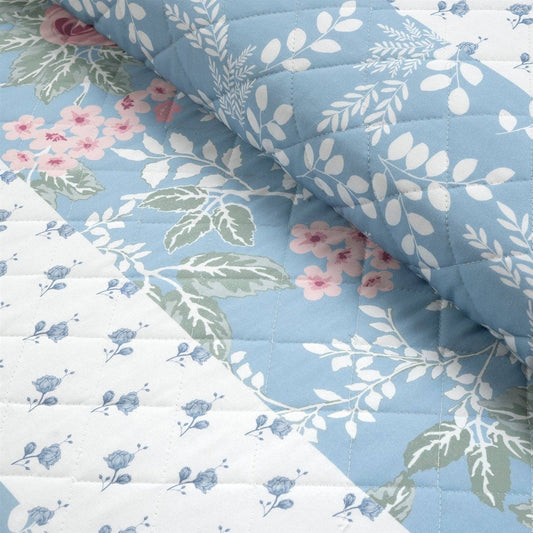 Full/Queen Blue Pink White Beige Floral Cottage Lightweight 3-Piece Quilt Set FastFurnishings