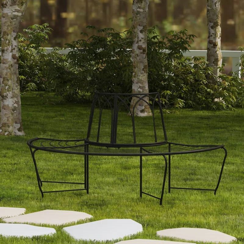 Half-Circle Outdoor Patio Garden Black Wrought Iron Tree Bench FastFurnishings
