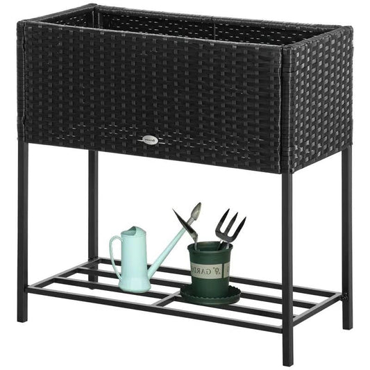 Black Modern PE Rattan Wicker Raised Garden Bed Elevated Planter Box FastFurnishings