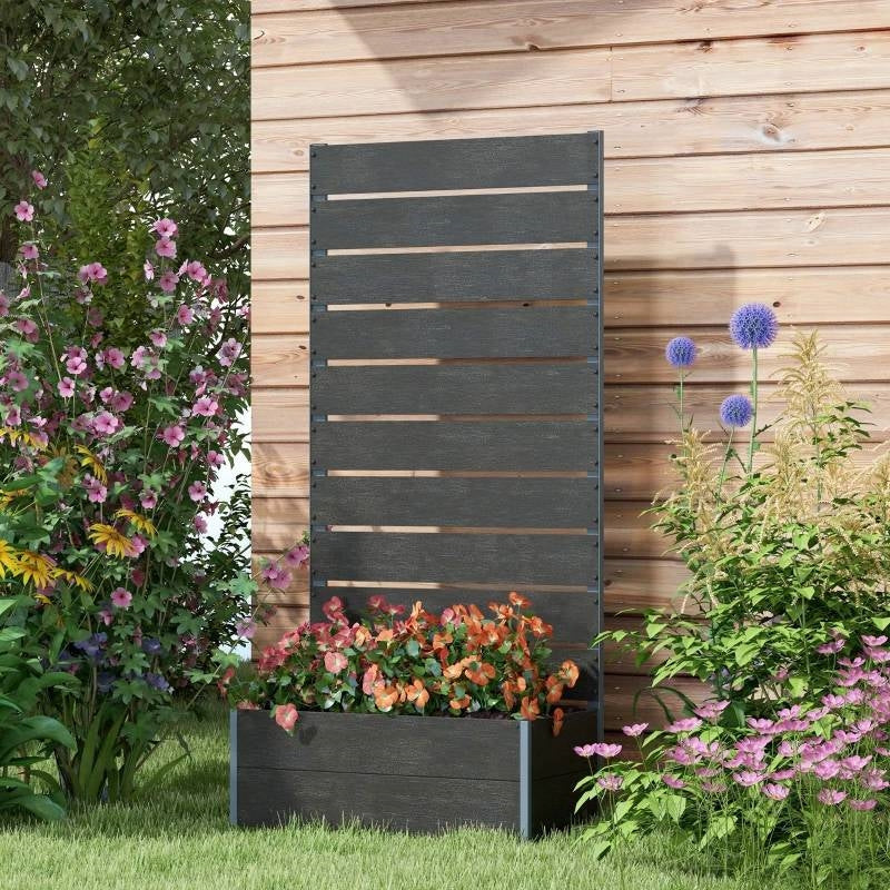 Outdoor Raised Bed Planter with Slatted Fence Trellis in Black Wood Finish FastFurnishings