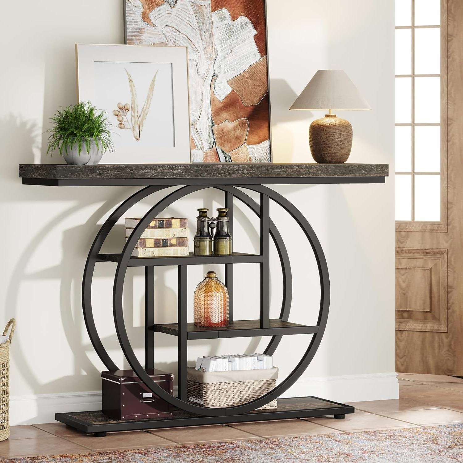 Modern 41-inch Circular Base Foyer Entryway Table with Black Wood Finish Shelves FastFurnishings