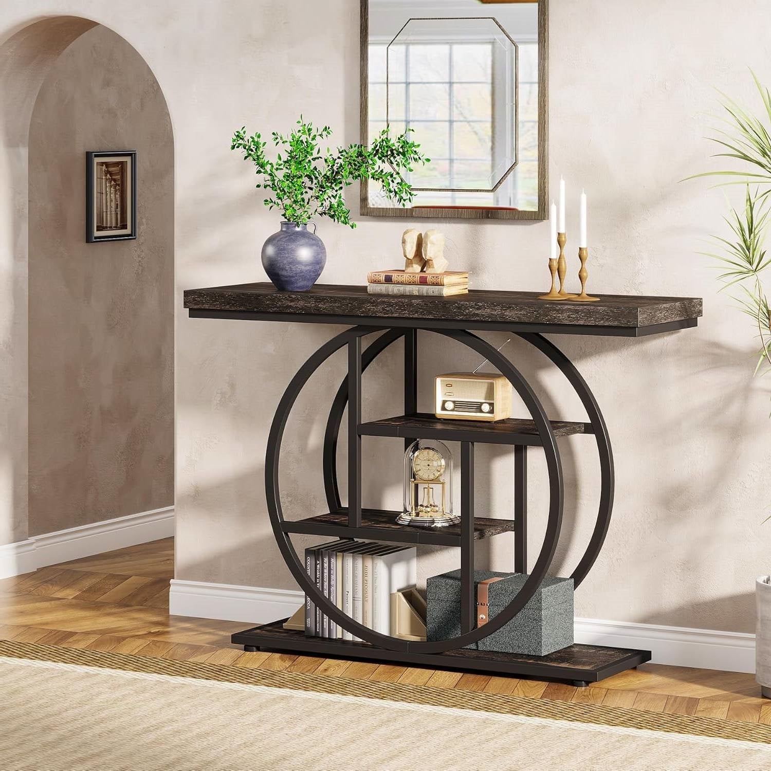 Modern 41-inch Circular Base Foyer Entryway Table with Black Wood Finish Shelves FastFurnishings