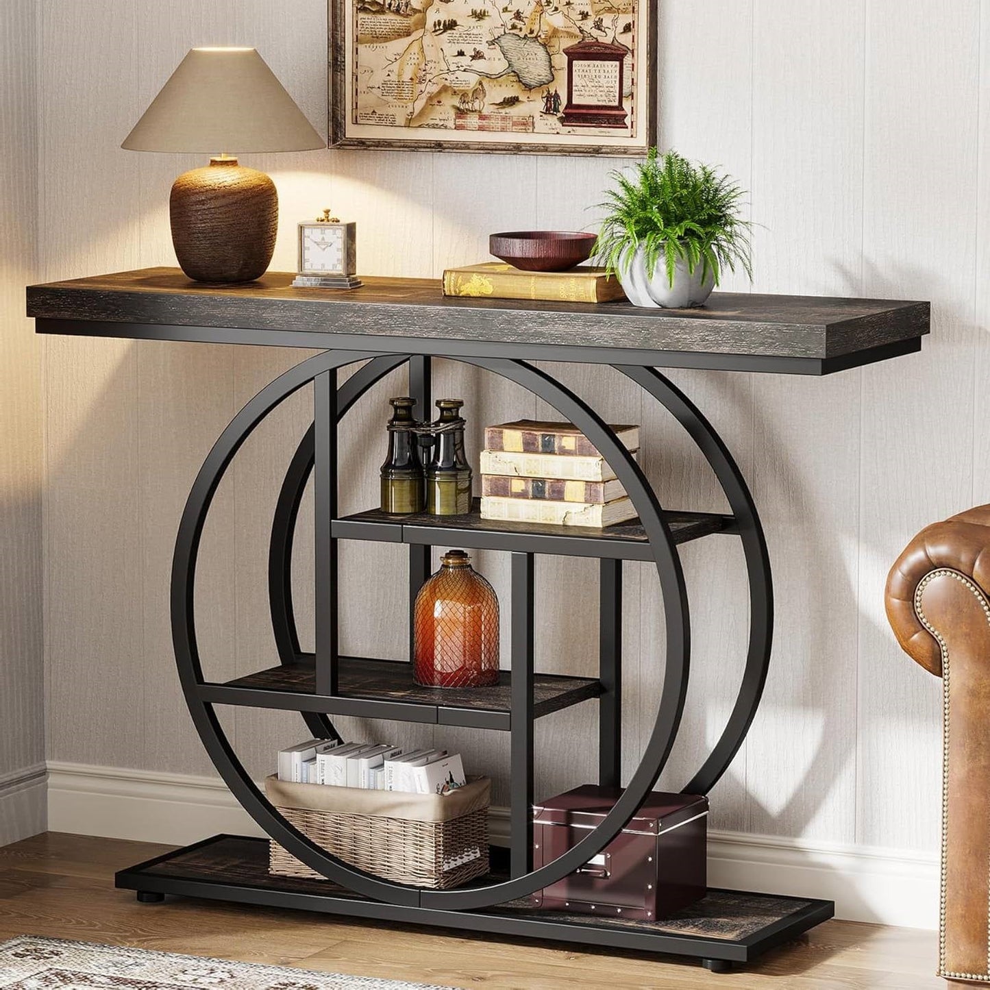Modern 41-inch Circular Base Foyer Entryway Table with Black Wood Finish Shelves FastFurnishings