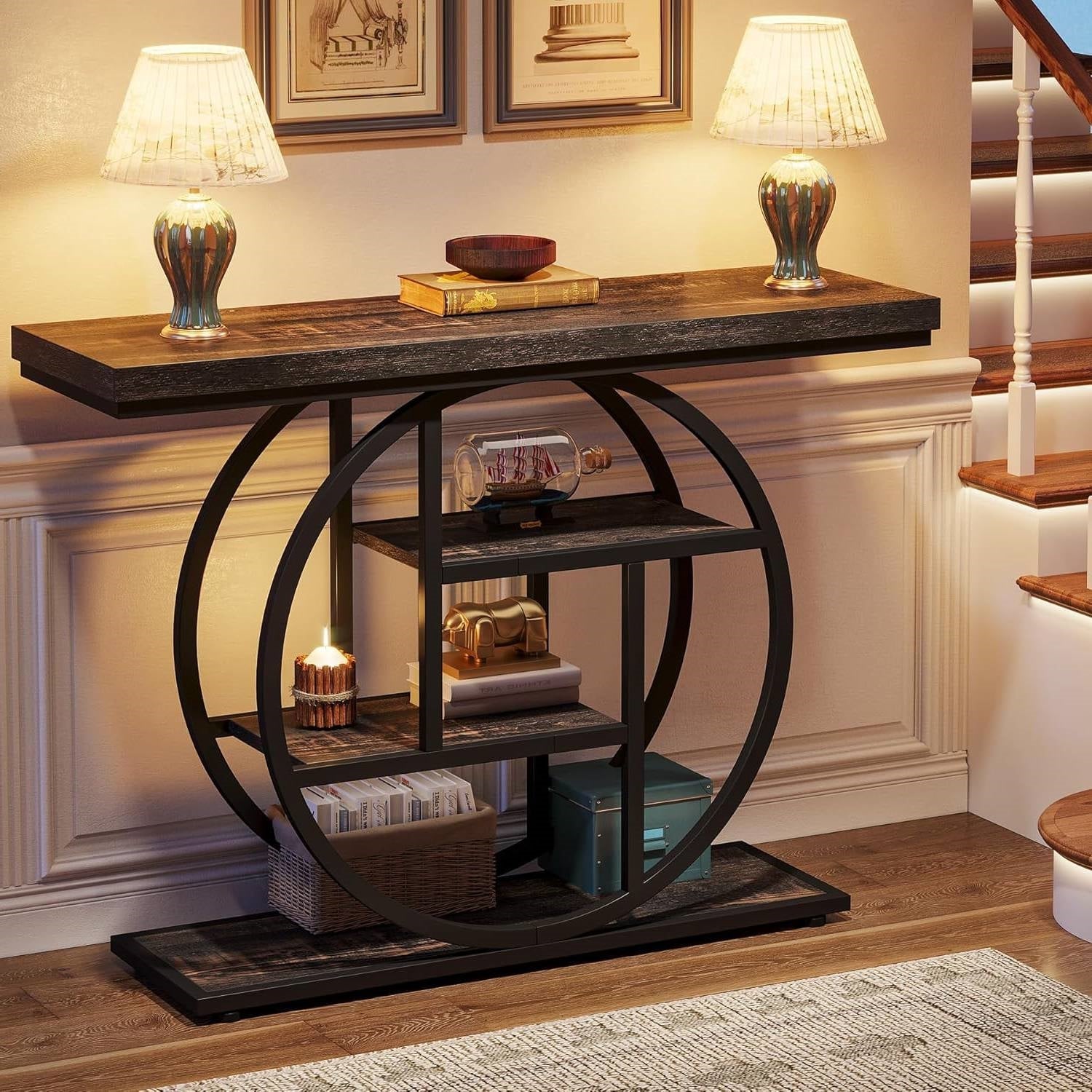 Modern 41-inch Circular Base Foyer Entryway Table with Black Wood Finish Shelves FastFurnishings