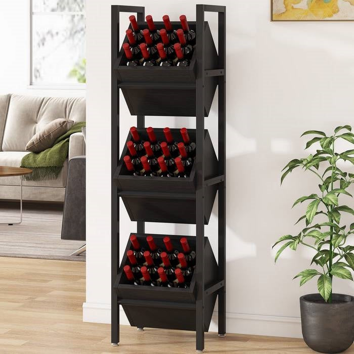 Black Industrial Farmhouse 3 Bin 36 Bottle Wine Rack Storage Display Shelf FastFurnishings