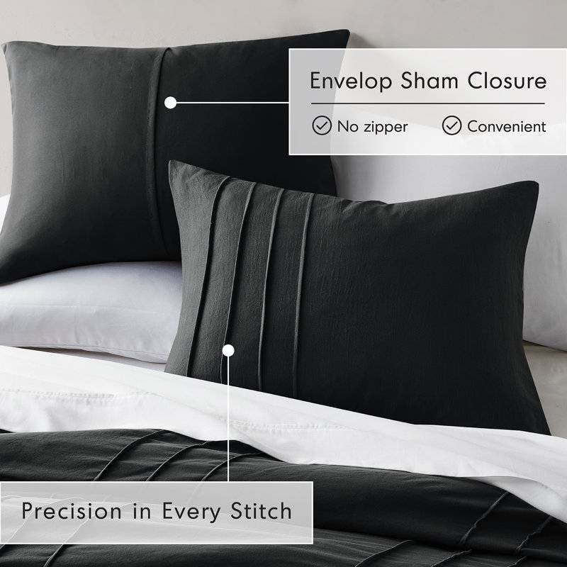 King size Pre-Washed Pleated Microfiber Comforter Set in Black FastFurnishings