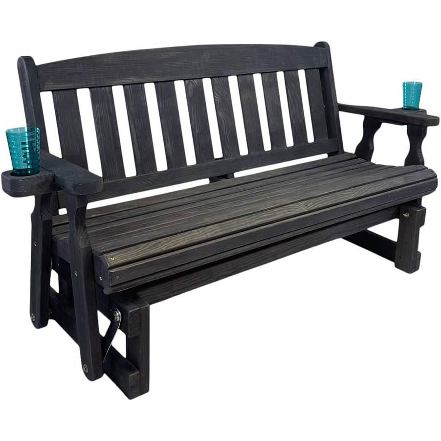 4ft Heavy Duty Black Wooden Porch Glider Bench with Cupholders - Made in USA-0