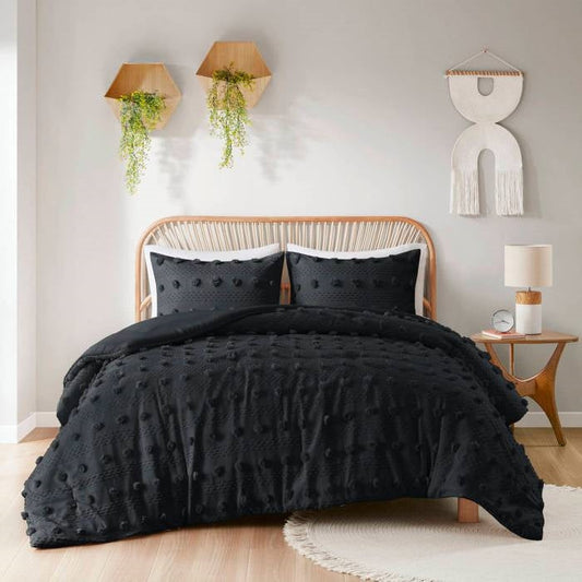 Full/Queen 3 Piece Pompom Microfiber Hypoallergenic Comforter Set in Black-1
