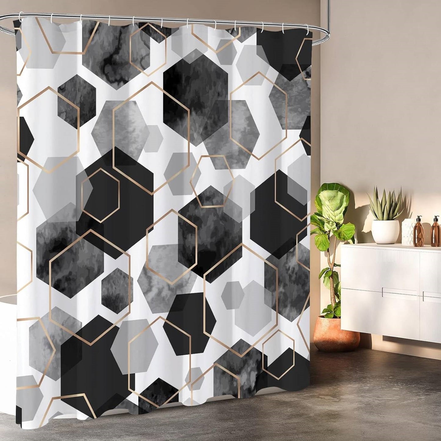 72"W x 78"H Black White Hexagonal Pattern Polyester Shower Curtain FastFurnishings