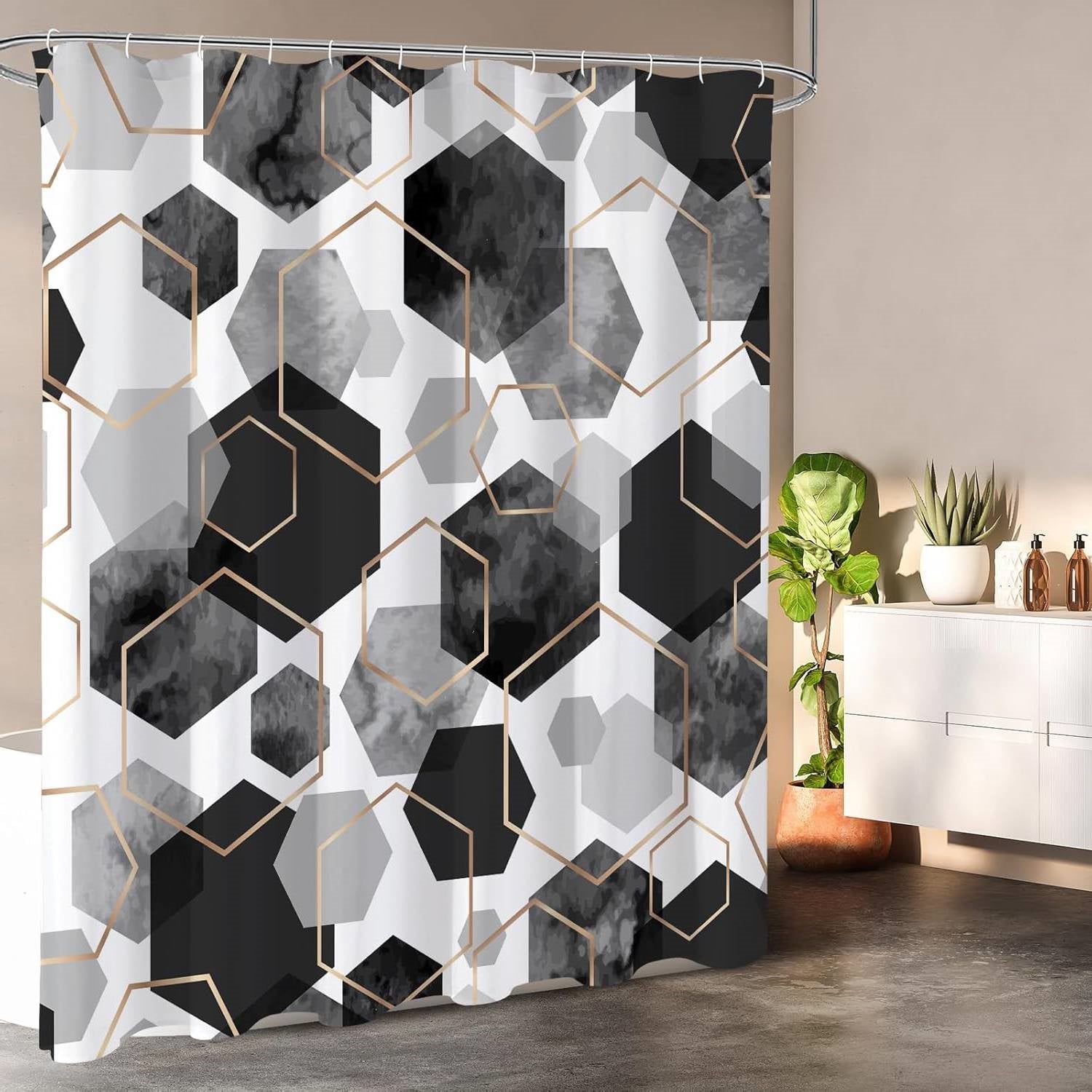 72"W x 78"H Black White Hexagonal Pattern Polyester Shower Curtain FastFurnishings