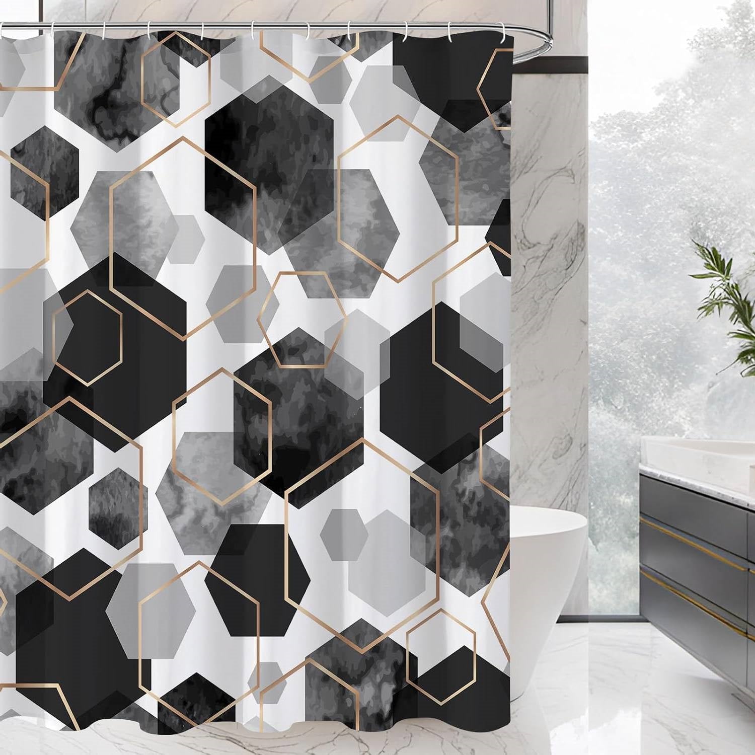 72"W x 78"H Black White Hexagonal Pattern Polyester Shower Curtain FastFurnishings