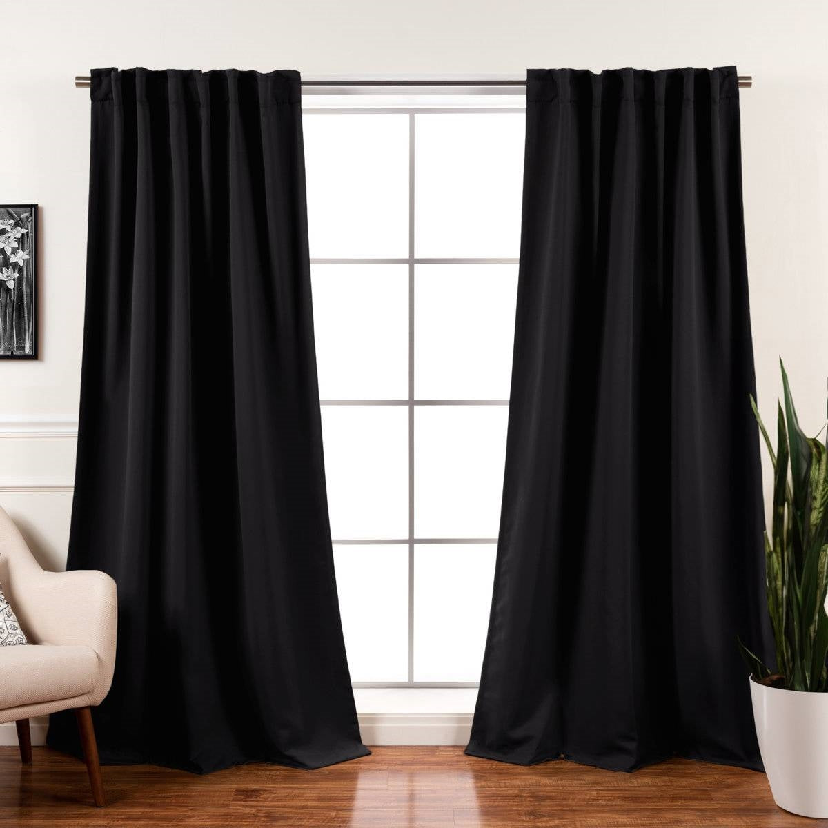52 x 96 inch Solid Black Thermal Blackout Curtain Panels - Set of 2 FastFurnishings
