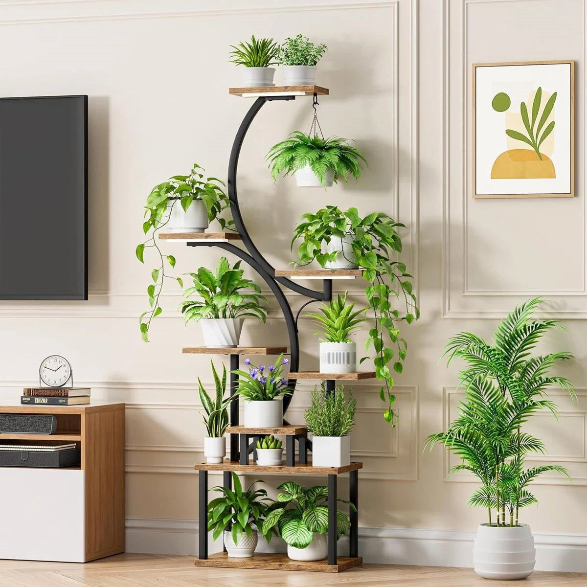 Indoor Plant Stand with Black Metal Frame and Wood Finish Shelves FastFurnishings