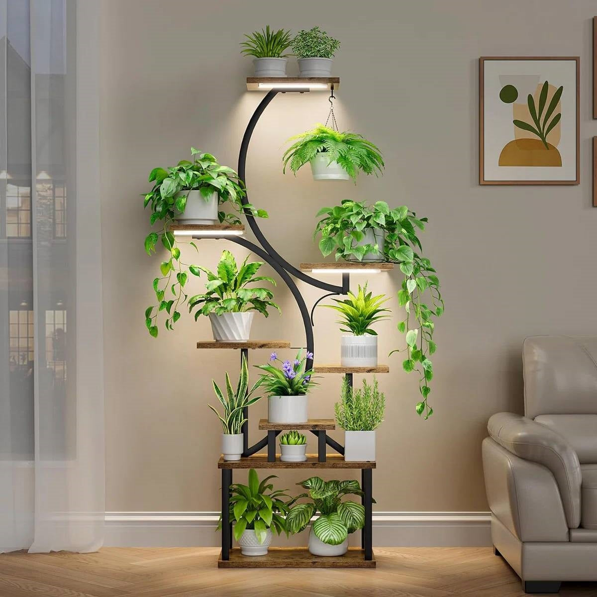 Indoor Plant Stand with Black Metal Frame and Wood Finish Shelves FastFurnishings