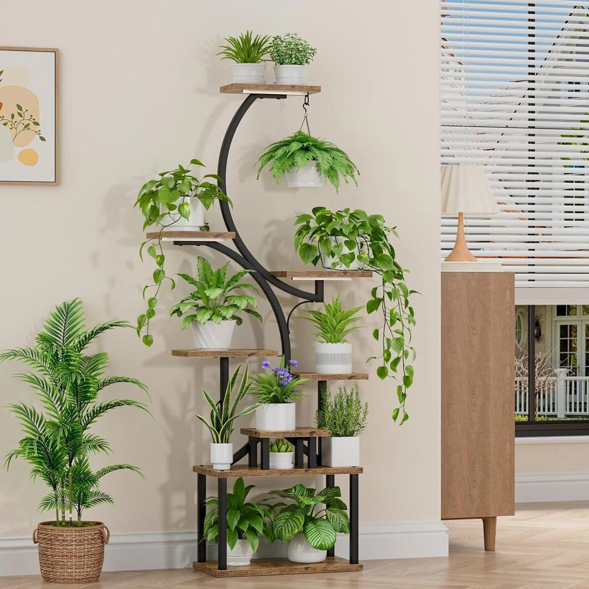 Indoor Plant Stand with Black Metal Frame and Wood Finish Shelves FastFurnishings